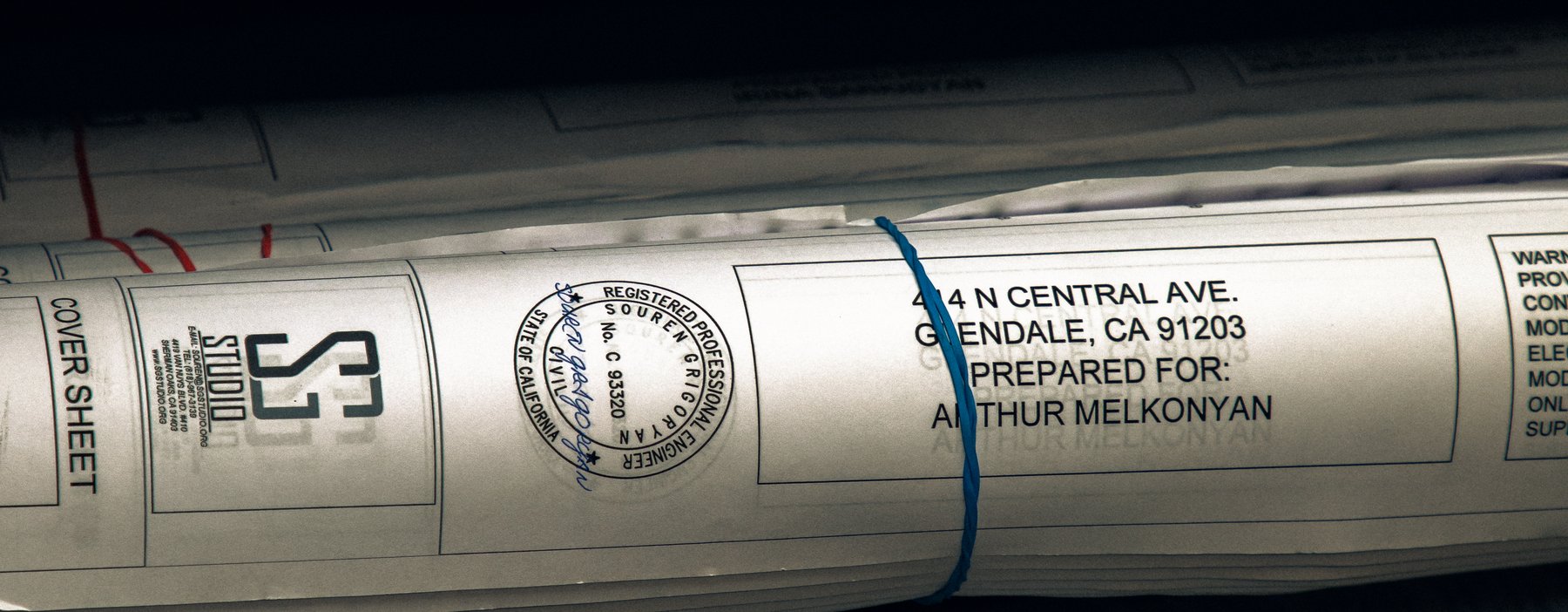 Stamped structural plan sets from SG Design Studio, signed and sealed by Souren Grigoryan, P.E.